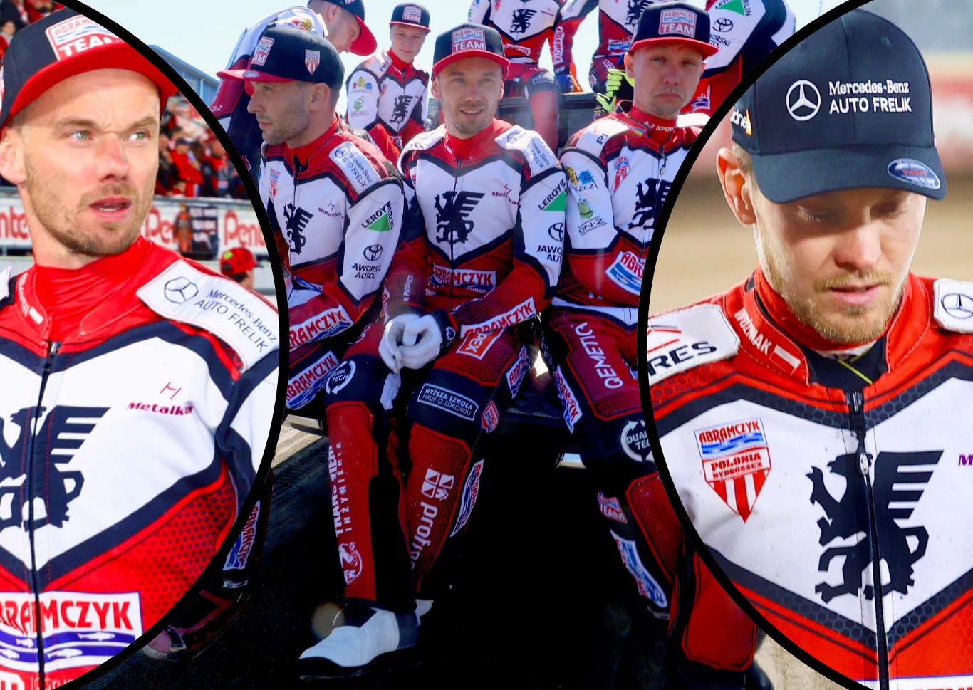 Grupa żużlowców w sportowych kombinezonach z herbem drużyny i licznymi logotypami sponsorów, widoczne zbliżenia na twarze i stroje, tło stadionowe oraz sportowa atmosfera zespołowa.