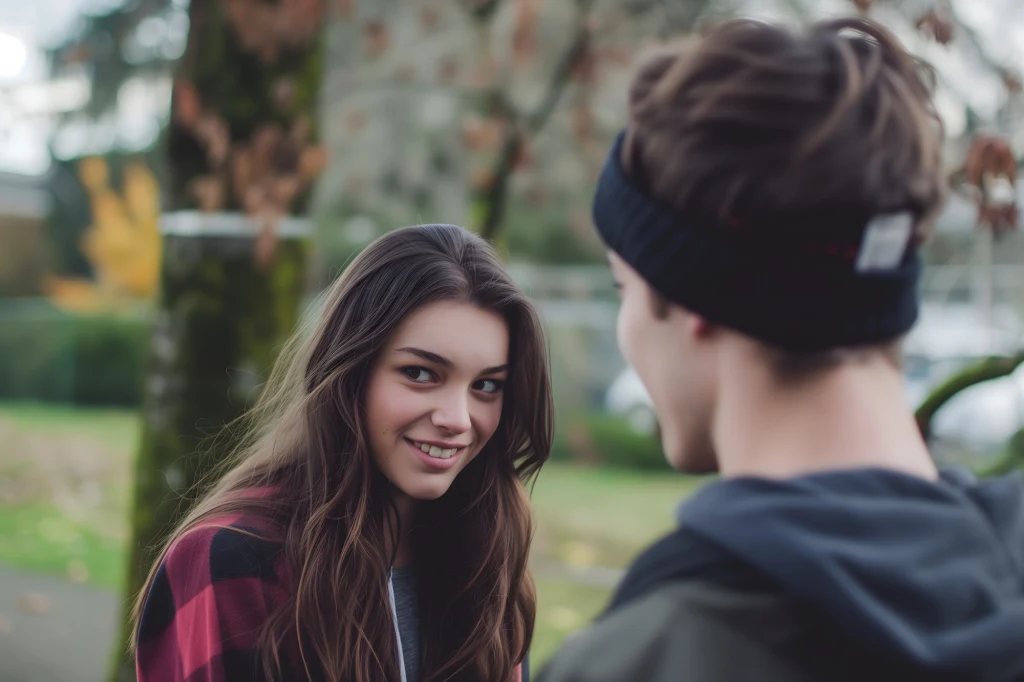 Młoda kobieta w kraciastym płaszczu uśmiecha się do rozmówcy stojącego obok niej, otoczenie stanowią drzewa oraz rozmyte tło parku.