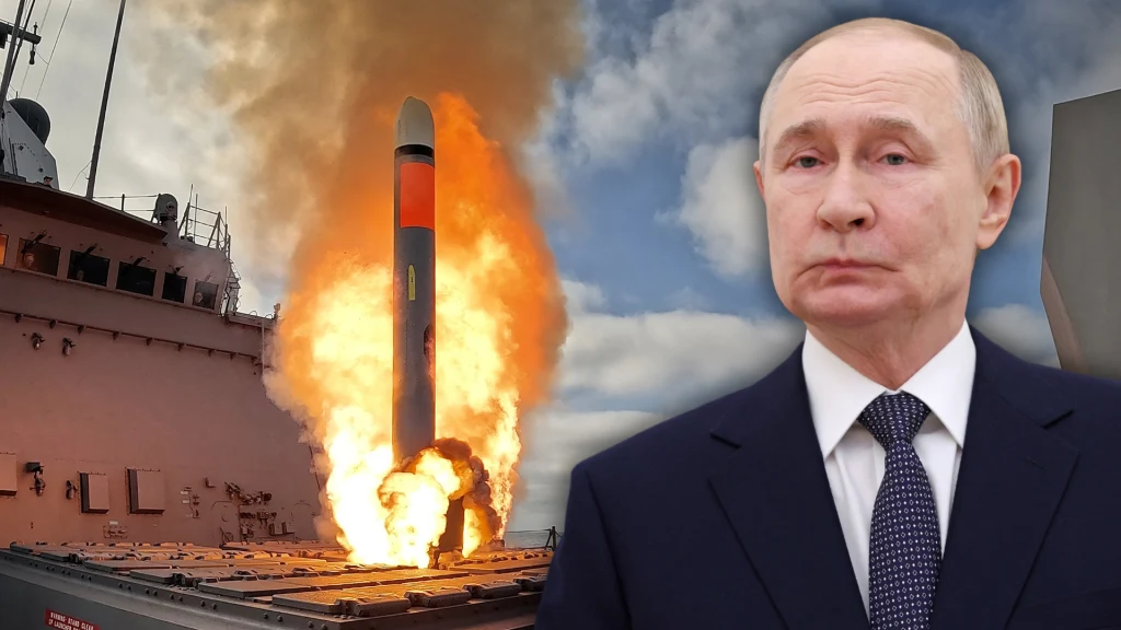 Przywódca Rosji Władimir Putin, w tle pocisk Tomahawk