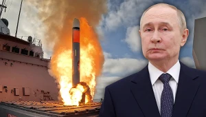 Przywódca Rosji Władimir Putin, w tle pocisk Tomahawk