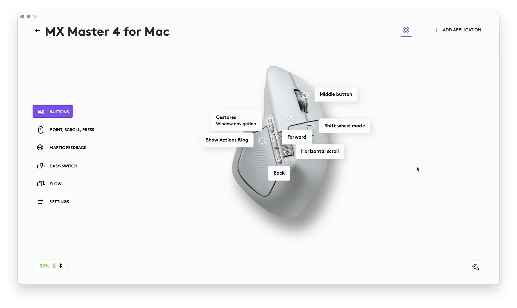 Ustawienia myszy Logitech MX Master 4 można w szerokim stopniu personalizować w Logi Options+. Biała mysz komputerowa MX Master 4 dla Mac z widocznymi opisami przycisków i ich funkcji, na białym tle interfejsu użytkownika.