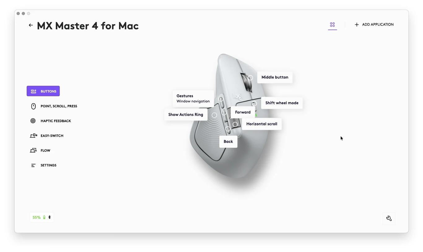 Ustawienia myszy Logitech MX Master 4 można w szerokim stopniu personalizować w Logi Options+. Biała mysz komputerowa MX Master 4 dla Mac z widocznymi opisami przycisków i ich funkcji, na białym tle interfejsu użytkownika.