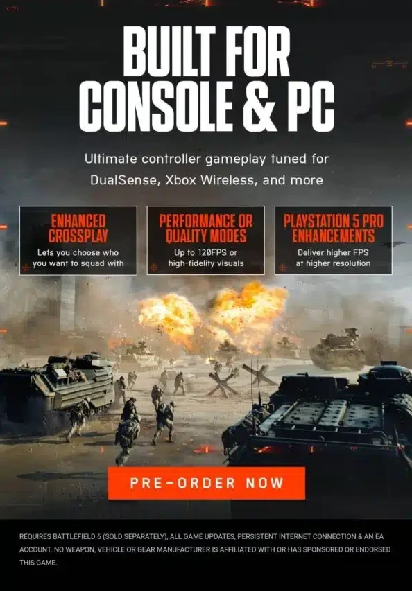 wiadomość adresowana do użytkowników EA Czołgi oraz żołnierze prący do przodu na tle eksplozji, dominująca wizualizacja bitewnej atmosfery, akcentowane wojskowe pojazdy opancerzone, wokół których panuje wojenny chaos, wyraziste teksty marketingowe dotyczące gry komputerowej.