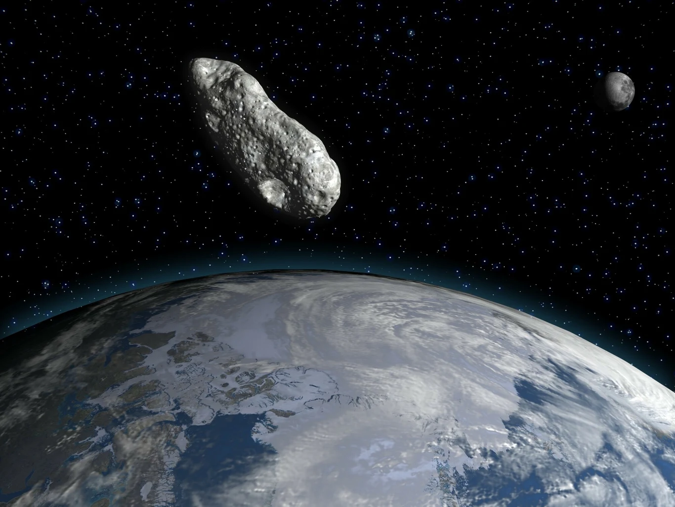 Asteroida blisko Ziemi (zdj. ilustracyjne) Duża asteroida przelatująca w pobliżu Ziemi z rozległym widokiem na południową półkulę planety, w tle gwiazdy i mniejszy obiekt kosmiczny.