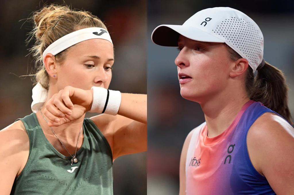 Marie Bouzkova oraz Iga Świątek podczas ich jedynego dotąd singlowego starcia. Paryż 2024 Marie Bouzkova oraz Iga Świątek podczas ich jedynego dotąd singlowego starcia. Paryż 2024