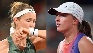 Marie Bouzkova oraz Iga Świątek podczas ich jedynego dotąd singlowego starcia. Paryż 2024