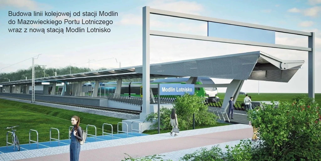 Tak ma wyglądać nowa stacja kolejowa przy lotnisku w Modlinie. Nowoczesna, zadaszona stacja kolejowa Modlin Lotnisko z peronem, wiatami oraz torami. Na pierwszym planie pasażerowie i stojaki na rowery. W tle zielone tereny i nadjeżdżający pociąg.