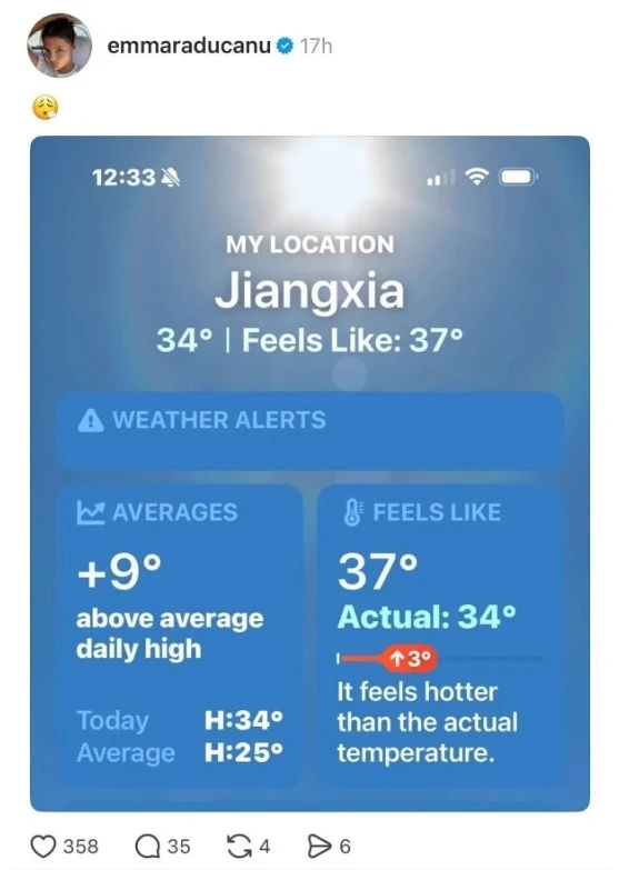 Ekran aplikacji pogodowej pokazującej lokalizację Jiangxia, aktualną temperaturę 34°C z odczuwalną temperaturą 37°C, dodatkowe dane o średnich wartościach i ostrzeżenia o pogodzie.