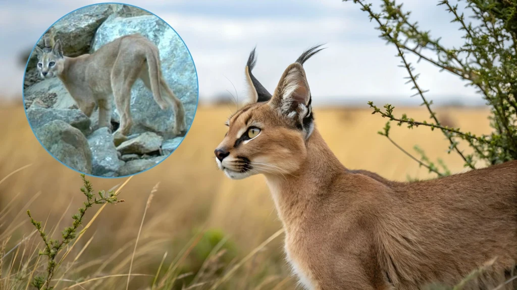 Karakal to kot szeroko rozprzestrzeniony, ale jego arabski podgatunek jest wymierający Karakal o rudym futrze z charakterystycznymi czarnymi pędzelkami na uszach pozuje w otoczeniu wysokiej stepowej trawy, z dodatkowym powiększonym ujęciem tego drapieżnika wspinającego się po skalistym terenie.