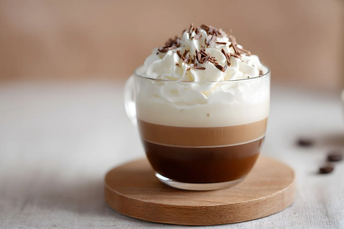 Szklanka cappuccino warstwowego z pianką mleczną, puszystą bitą śmietaną oraz startą czekoladą na wierzchu, podana na drewnianej podkładce.