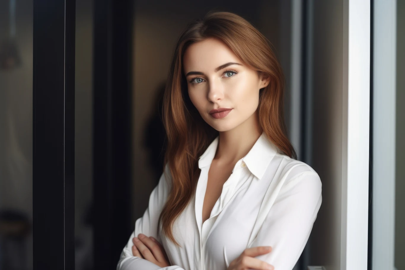 Młoda kobieta o długich rudych włosach stoi przy przeszklonej ścianie biura, ubrana w elegancką białą koszulę, z założonymi rękami i spokojnym, pewnym siebie wyrazem twarzy.