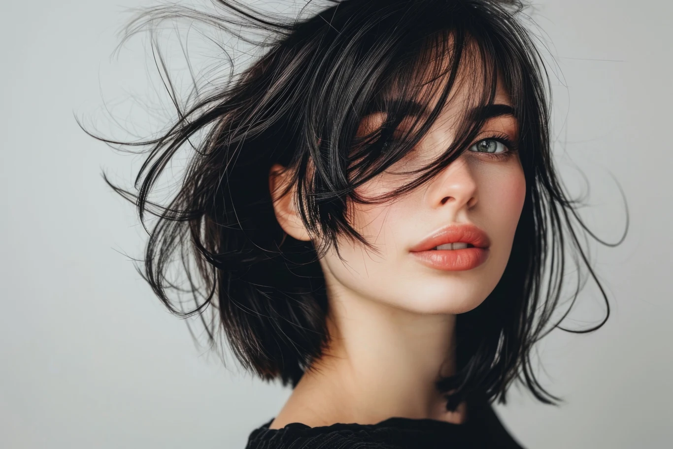 Młoda kobieta z ciemnymi włosami do ramion, rozwianymi na wietrze, patrząca z wyrazistym makijażem oczu i ust, jasne tło podkreśla rysy twarzy.