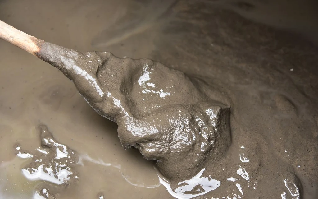 Borowina działa przeciwbólowo i poprawia kondycję skóry Gęsta mieszanka cementowa na drewnianej łopacie, otoczona półpłynną masą o szarym kolorze.