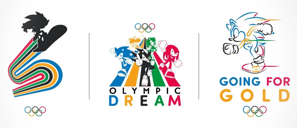 Znane postaci z gier wideo będą promować igrzyska olimpijskie Postacie z serii Sonic, w tym Sonic, Knuckles i Tails, ukazane w dynamicznych sportowych pozach obok symboli olimpijskich, napisów Olympic Dream i Going for Gold, kolorowe grafiki nawiązujące do motywu igrzysk olimpijskich.