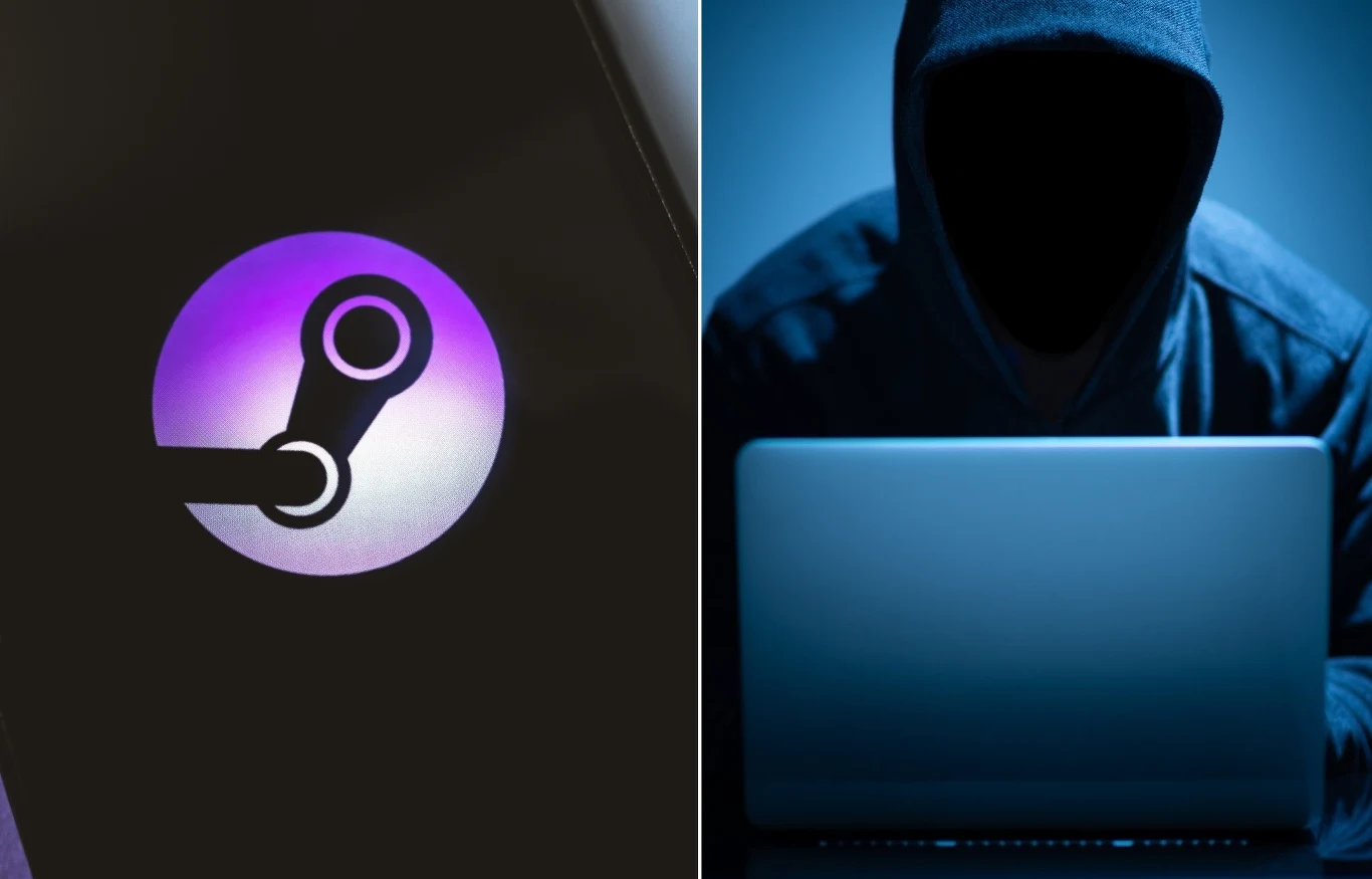 Gra na Steamie miała groźnego wirusa Logo Steam na ekranie urządzenia, obok zamaskowana postać przed laptopem w ciemnym otoczeniu.