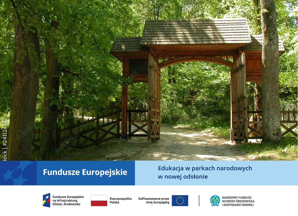 drewniana brama wejściowa do parku otoczona zielonymi drzewami, ścieżka prowadząca przez bramę w kierunku lasu, pod bramą cień rzucany przez liście oraz konstrukcję dachową, widoczne elementy ogrodzenia po obu stronach