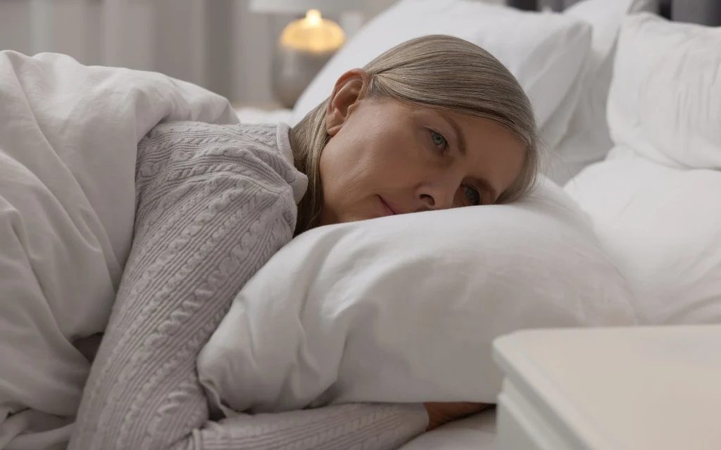 Starsza kobieta leżąca w łóżku, ubrana w jasny sweter, opierająca głowę na poduszce, patrząca z zamyślonym wyrazem twarzy w dal, w tle lampka nocna na stoliku.