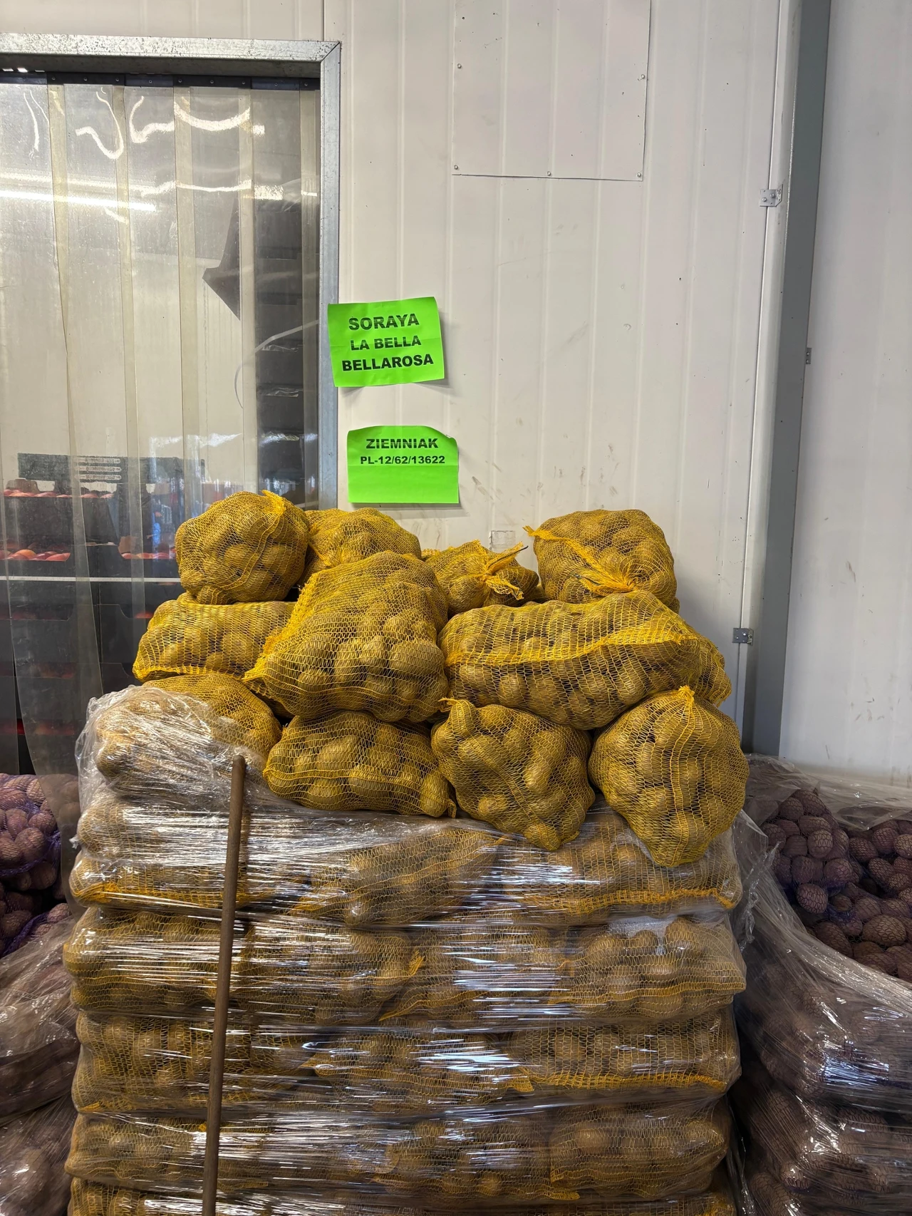 Sprzedawcy warzyw skarzą się na przestój w handlu Worki z żółtymi ziemniakami ułożone na palecie, zabezpieczone przezroczystą folią, na ścianie wywieszone zielone kartki z nazwami odmian.
