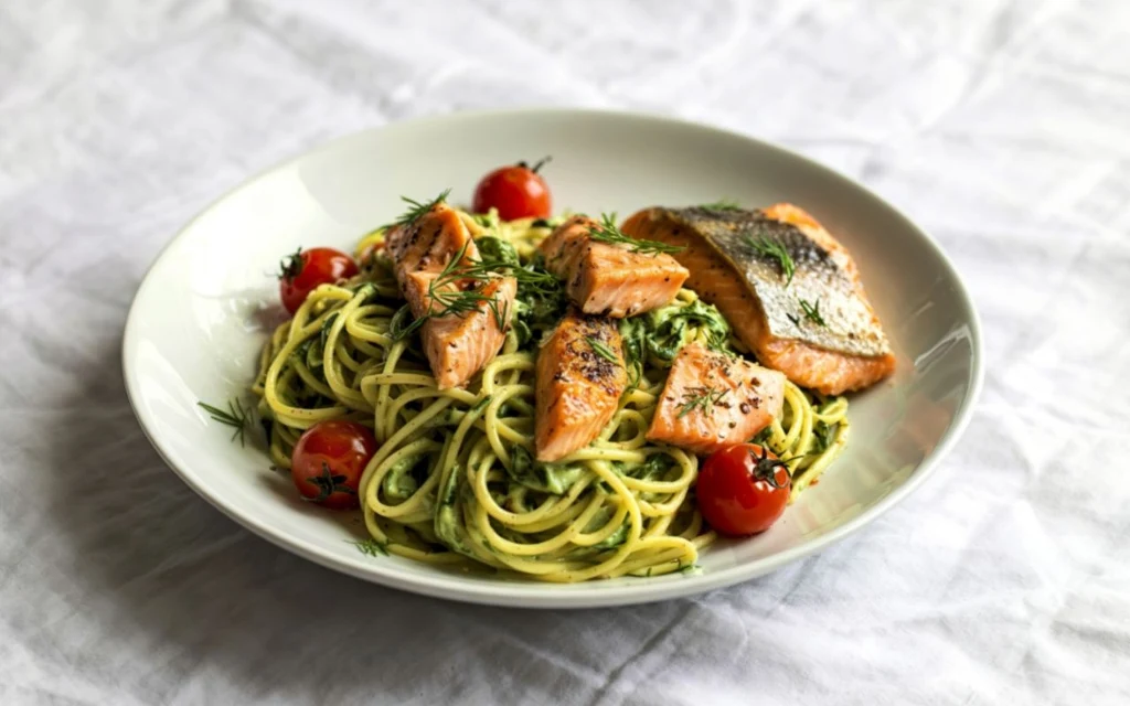 Wieczorem makaron zamień na ryż Makaron spaghetti z dodatkiem kremowego sosu ziołowego, kawałków grillowanego łososia, świeżych pomidorków koktajlowych oraz posypką z koperku na białym talerzu.