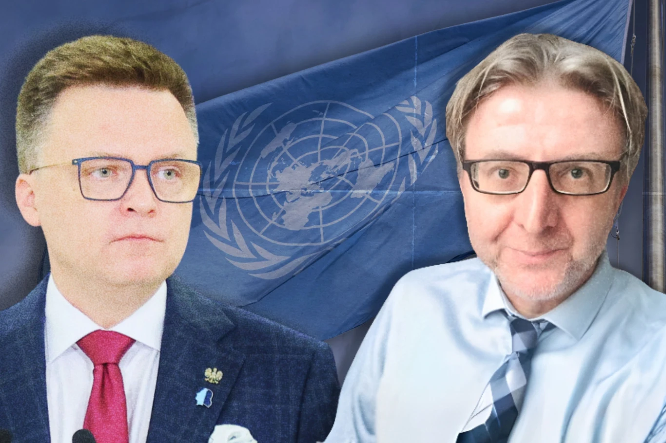 Szymon Hołownia i Roman Mazur (kolaż: Lidia Ławecka) Dwóch mężczyzn w garniturach oraz koszuli z krawatem stoi na tle flagi ONZ, obaj mają poważny wyraz twarzy i okulary, jeden z nich nosi przypinkę na klapie marynarki.