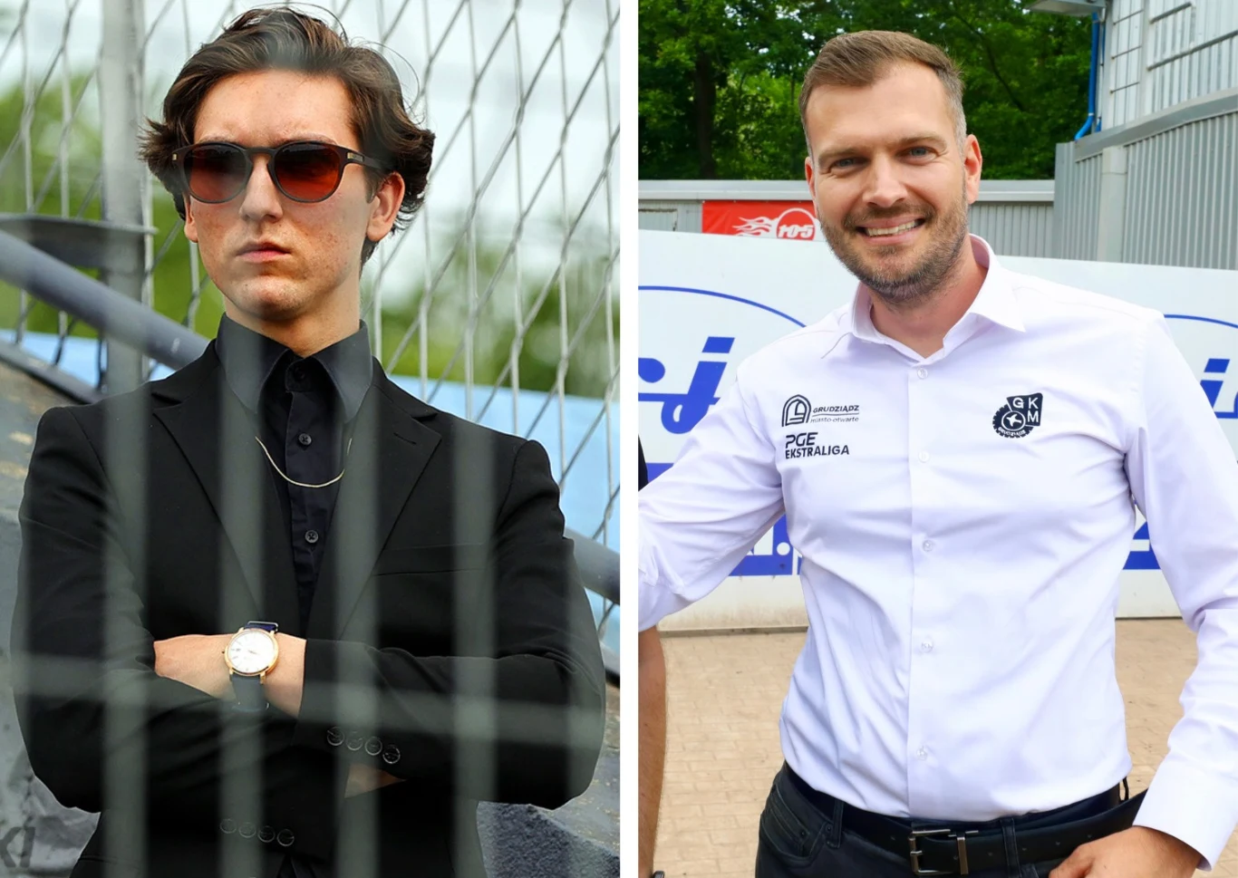 Maksym Drabik i Marcin Murawski Po lewej stronie mężczyzna w czarnym garniturze, okularach przeciwsłonecznych i z założonymi rękami za ogrodzeniem; po prawej stronie mężczyzna w białej koszuli z logotypami i uśmiechem, stojący na tle zewnętrznych obiektów sportowych.