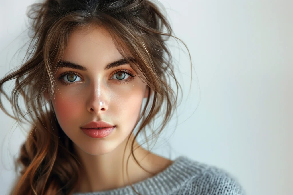 Jesienna świeżość w makijażu Młoda kobieta o długich, brązowych włosach i zielonych oczach, w szarym swetrze, patrząca pewnie przed siebie, z delikatnym makijażem na tle jasnego, rozmytego tła.