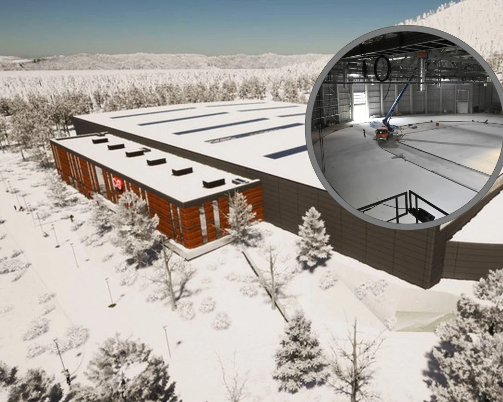 Wizualizacja toru lodowego w Zakopanem i stan aktualny budowy (w ramce)