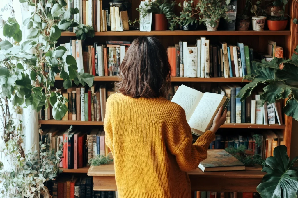 Czytanie tradycyjnych książek zdradza sporo o osobowości Osoba w żółtym swetrze stoi tyłem do aparatu, trzymając otwartą książkę, w otoczeniu licznych roślin doniczkowych i regału wypełnionego książkami.