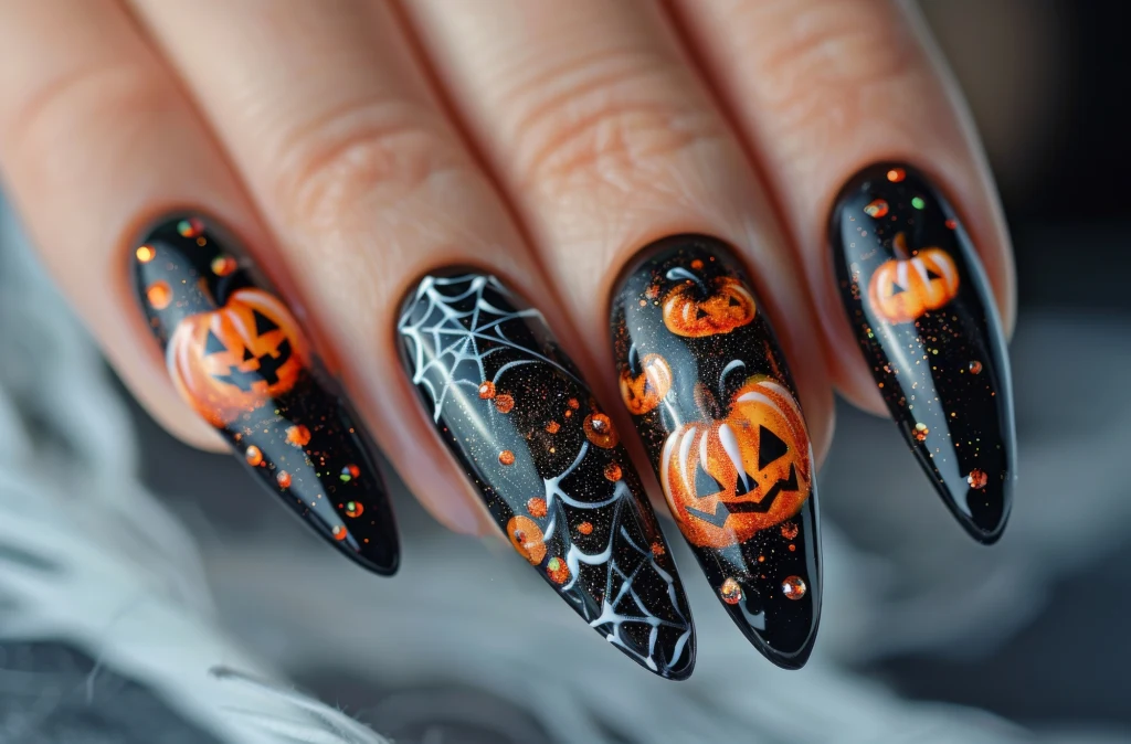 Dynie w tym roku królują na paznokciach Czarny manicure z długimi paznokciami ozdobionymi wzorami dyni, pajęczyn oraz drobnych pomarańczowych akcentów, nawiązujących do motywów halloweenowych.