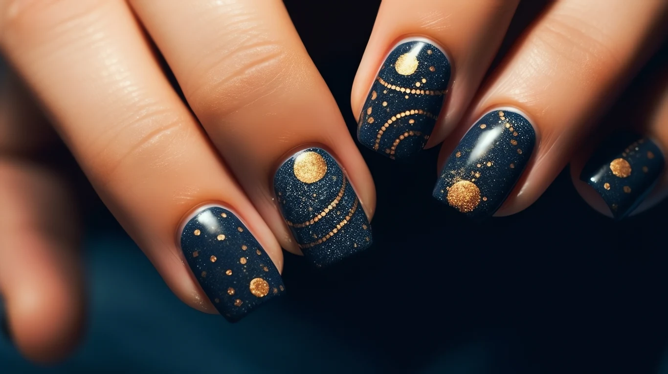 Zdobienia na paznokciach mogą przybrać astrologiczną formę. Granatowe paznokcie zdobione złotymi, geometrycznymi wzorami i małymi kropkami oraz półokręgami tworzącymi efekt galaktyki.