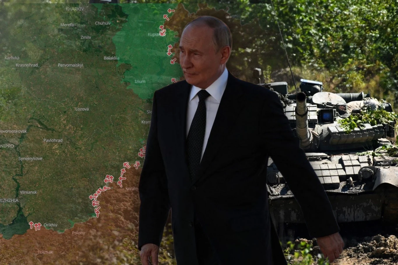 Władimir Putin chwali się zdobyczami na froncie. Eksperci podają w wątpliwość jego słowa Mężczyzna w garniturze na pierwszym planie, w tle mapa obszaru walk oraz wojskowy czołg ukryty w zieleni.