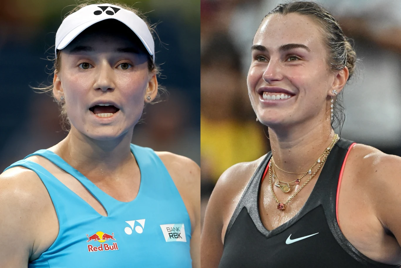 Jelena Rybakina i Aryna Sabalenka w środę nie zawiodły. I jeśli wygrają jeszcze po jednym meczu, w piątek zmierzą się o półfinał Dwie kobiety ubrane w stroje sportowe, jedna w jasnoniebieskim topie z czapką sportową, druga w czarnym stroju z naszyjnikami, obie na tle tenisowego kortu, z wyrazami skupienia i radości na twarzy.