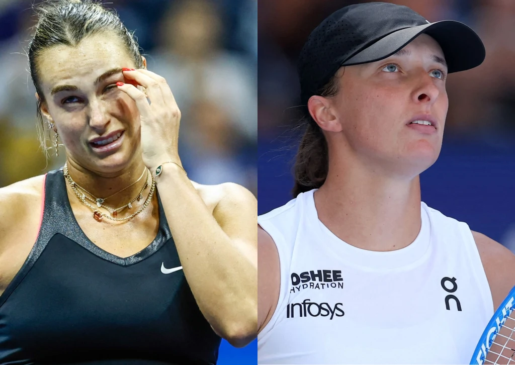 Dwie kobiety sportowcy w trakcie meczu tenisowego, po lewej stronie zawodniczka w czarnym stroju sportowym z wyrazem emocji na twarzy, po prawej stronie zawodniczka w białym stroju i czapce z rakietą tenisową