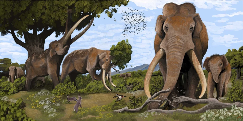 Ogromne słonie Palaeoloxodon antiquus o długich, prostych ciosach w krajobrazie Europy kilkaset tysięcy lat temu Trzy masywne mamuty z długimi, zakrzywionymi ciosami spacerują po zielonej, zalesionej okolicy, wśród innych zwierząt widocznych na pierwszym planie, przy jasnym niebie z delikatnymi chmurami.