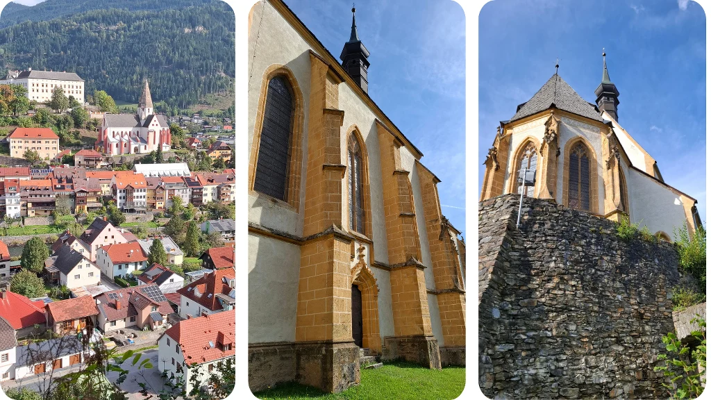 Panorama miasta z widocznym kościołem na wzgórzu, detale architektoniczne świątyni z żółtymi elementami i ostro zakończonymi oknami oraz ujęcie kościoła od kamiennego muru na tle błękitnego nieba