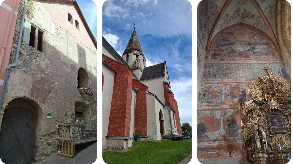 Stara kamienna zabudowa, ceglane mury kościoła z wieżyczką oraz bogato zdobione wnętrze świątyni z malowidłami i złotym ołtarzem.