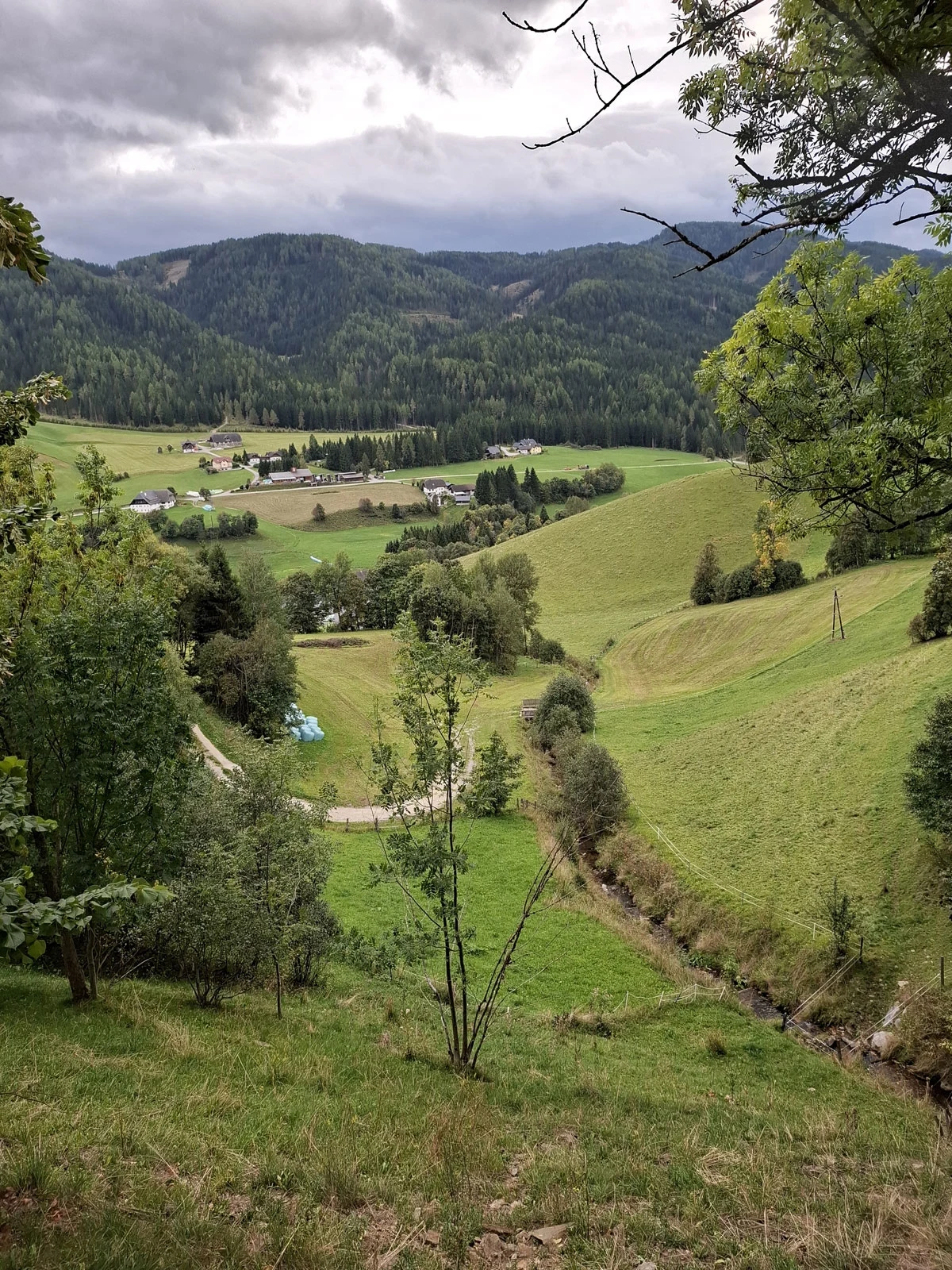 Szeroka panorama zielonych pagórków i dolin, pośród których znajdują się rozproszone domy i gospodarstwa, otoczone lasami i częściowo zachmurzonym niebem w tle.