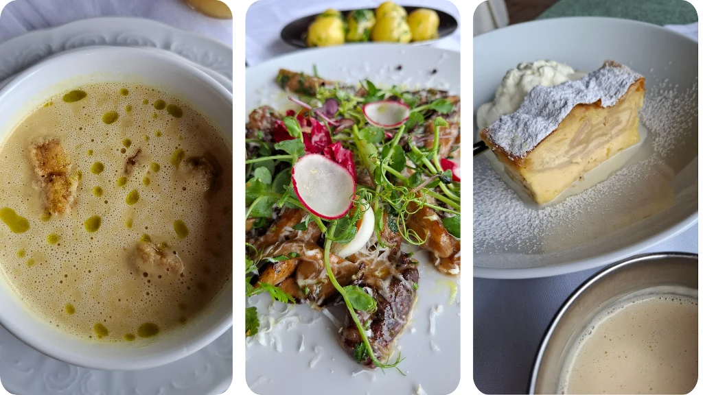 Trzy różne dania obiadowe podane na białych talerzach, zupa krem z grzankami i oliwą, sałatka z grillowanym mięsem, rukolą, rzodkiewką i serem oraz deser w postaci ciasta z kremem i bitą śmietaną.