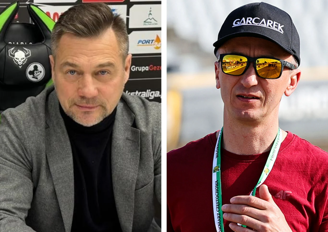 Po lewej stronie mężczyzna w szarej marynarce i czarnym golfie siedzi na tle planszy z logotypami sponsorów. Po prawej stronie mężczyzna w okularach przeciwsłonecznych i czapce z daszkiem, ubrany w czerwony t-shirt z zawieszoną plakietką na szyi.