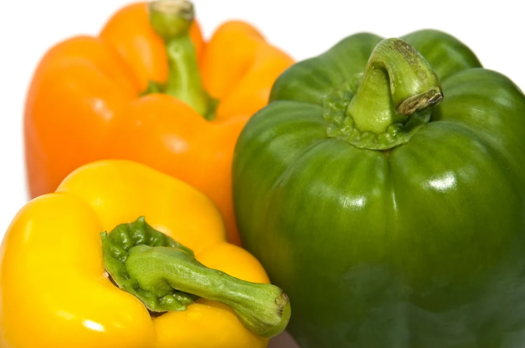 Rynek papryki w Polsce przeżywa poważny kryzys - mówią rolnicy Trzy papryki w różnych kolorach, żółta, pomarańczowa i zielona, ułożone obok siebie na białym tle, skupiające uwagę na ich świeżości i różnorodności barw.