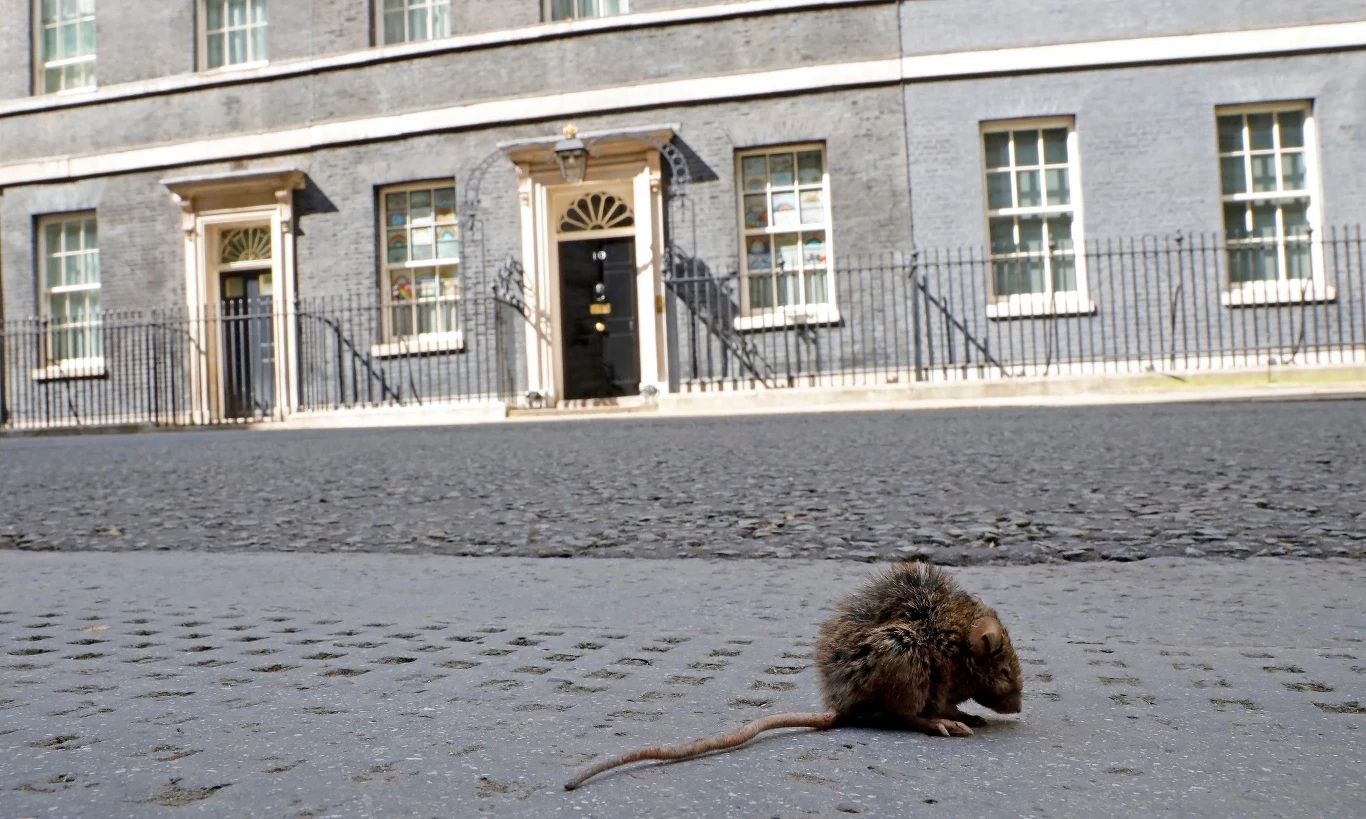 Tolga Akmen Szczur przed budynkiem przy Downing Street 10, oficjalną rezydencją premiera Wielkiej Brytanii w centrum Londynu