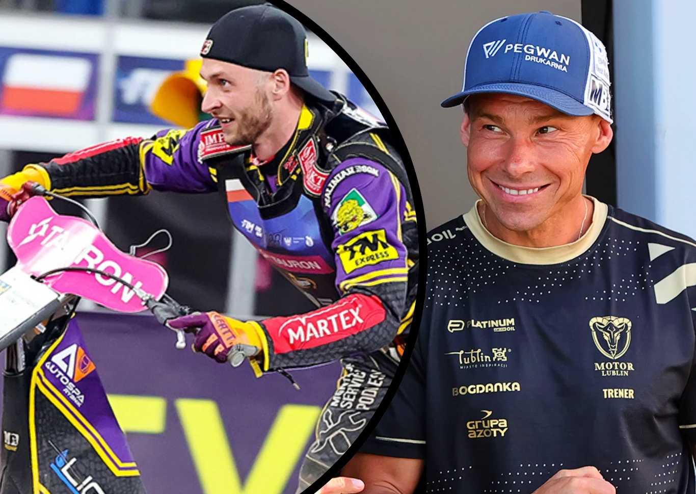 Kacper Woryna może dać wiele dobrego dla Orlen Oil Motoru Lublin Żużlowiec podczas wyścigu w kolorowym kombinezonie na motocyklu oraz uśmiechnięty trener drużyny Motor Lublin w sportowej koszulce i czapce z logo zespołu.