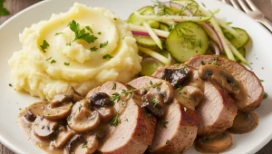 ​Polędwiczki wieprzowe w sosie grzybowym – z ziemniaczanym purée i ogórkową surówką, czyli klasyka jesiennego obiadu