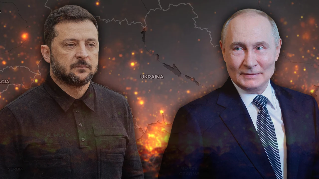 Dwie wyraźnie widoczne osoby stojące na tle mapy przedstawiającej Ukrainę z efektami świetlnymi sugerującymi konflikt, po lewej stronie osoba ubrana na ciemno, po prawej mężczyzna w garniturze.