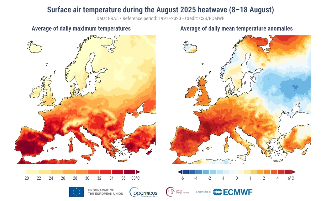 Mapa Europy przedstawiająca średnie dzienne maksymalne temperatury i anomalie temperatury podczas fali upałów w sierpniu 2025 roku, z wyraźnym zaznaczeniem wysokich wartości w południowej i środkowej części kontynentu.