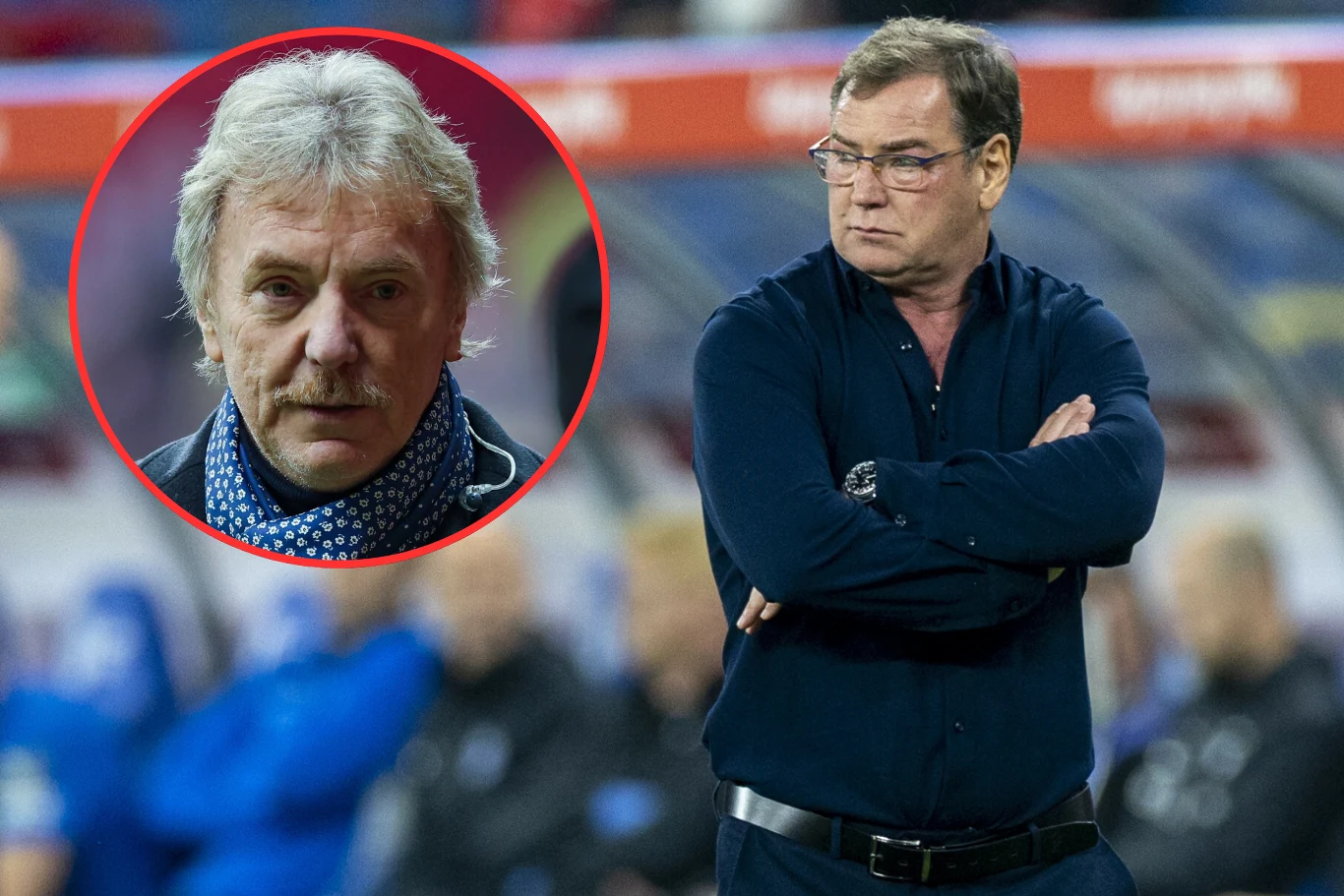 Jan Urban i Zbigniew Boniek Mężczyzna w ciemnej koszuli stoi z założonymi rękami na tle stadionu piłkarskiego, w lewym górnym rogu okrągłe wstawienie z twarzą innego mężczyzny w kurtce i apaszce.