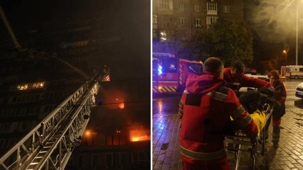 Pożar budynku po nocnym ataku Rosji na Kijów Pożar budynku po nocnym ataku Rosji na Kijów