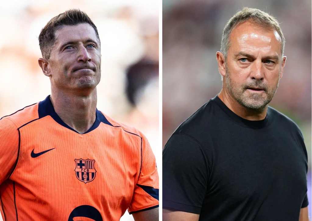 Robert Lewandowski i Hansi Flick Po lewej stronie mężczyzna w pomarańczowej koszulce sportowej z logo FC Barcelona, po prawej stronie mężczyzna w czarnej koszulce na tle boiska, obaj patrzą przed siebie ze skupionym wyrazem twarzy.