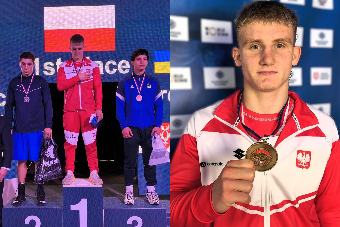Trzech młodych sportowców stoi na podium z medalami na szyi, za nimi polska flaga i ekran z napisem '1st place', obok widoczny medalista w biało-czerwonym dresie z orłem trzymający medal i patrzący w obiektyw.