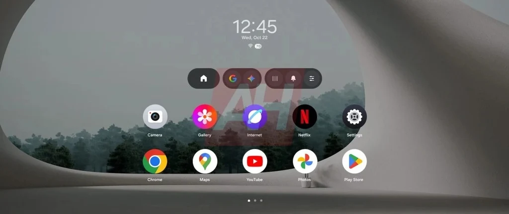 Ekran główny urządzenia z systemem operacyjnym Android, z widocznymi ikonami najważniejszych aplikacji na tle nowoczesnej, minimalistycznej grafiki z motywem natury i abstrakcyjnych kształtów.